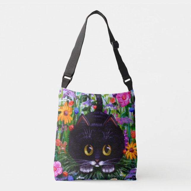 Black White Cat and Flowers Summer Crossbody Bag (Front)