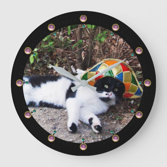 BLACK WHITE CAT AND HARLEQUIN HAT Masquerade Party Large Clock (Front)