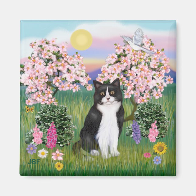 Black & White Cat - Blossoms Magnet (Front)