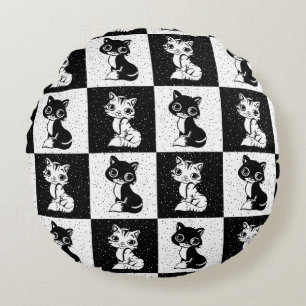 Black White  Cat Chequered Block Print Round Cushion