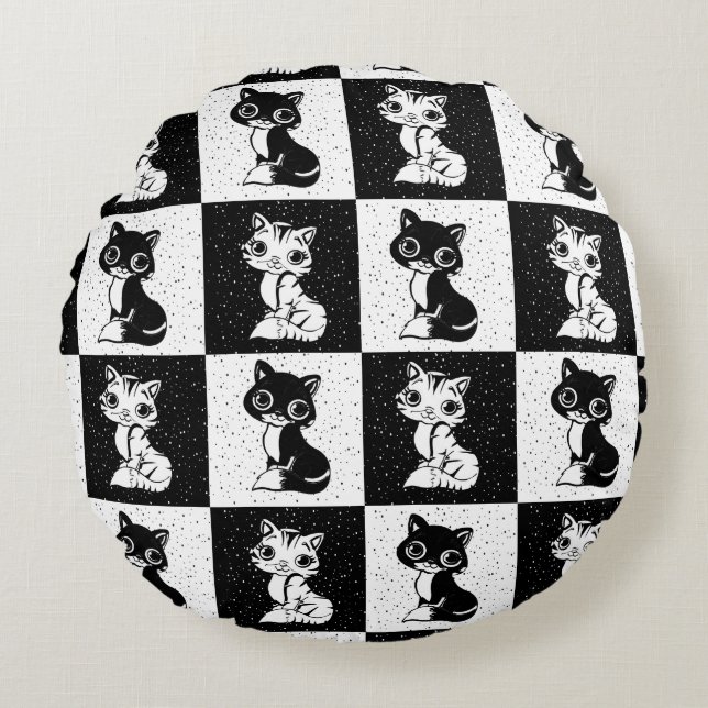 Black White  Cat Chequered Block Print Round Cushion (Front)