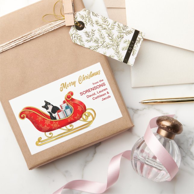 Black White Cat Christmas Gift Sleigh Rectangular Sticker (Gifting)