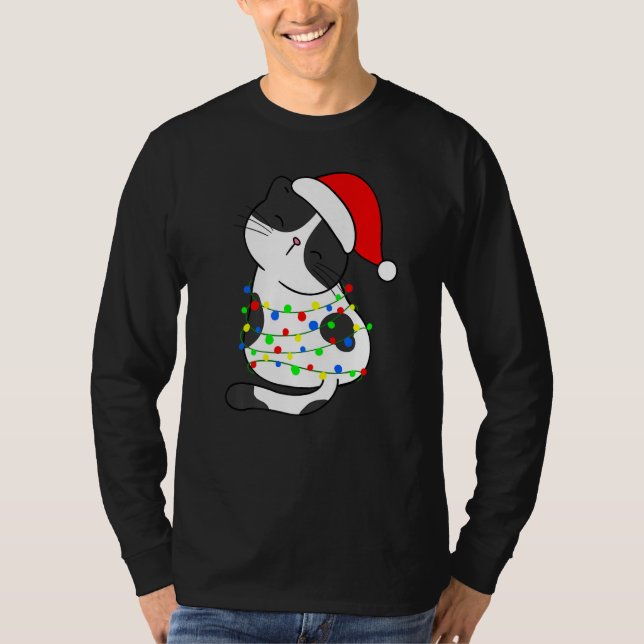 Black White Cat Christmas Tree Lights Santa Hat Ca T-Shirt (Front)
