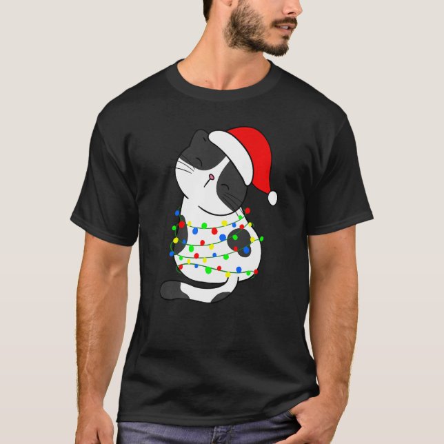 Black White Cat Christmas Tree Lights Santa Hat Ca T-Shirt (Front)