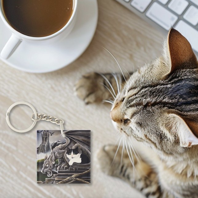 Black White Cat Gargoyle Business Logo Key Ring (Creator Uploaded)