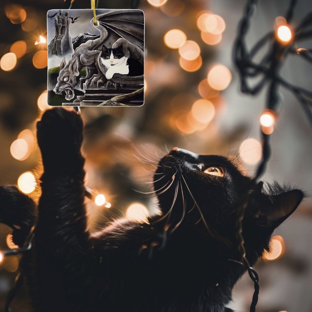 Black White Cat Gargoyle Ceramic Ornament (Creator Uploaded)