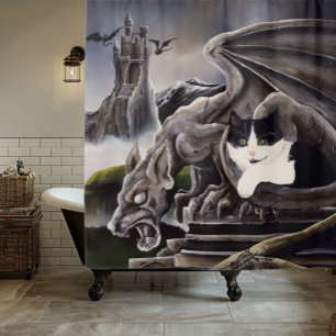 Black White Cat Gargoyle Shower Curtain