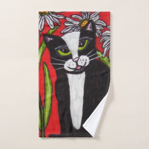 Black White Cat Green eyes White Daisies Red Hand Towel