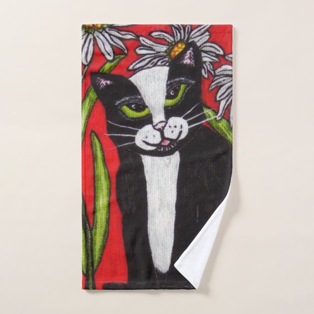 Black White Cat Green eyes White Daisies Red Hand Towel (Hand Towel)