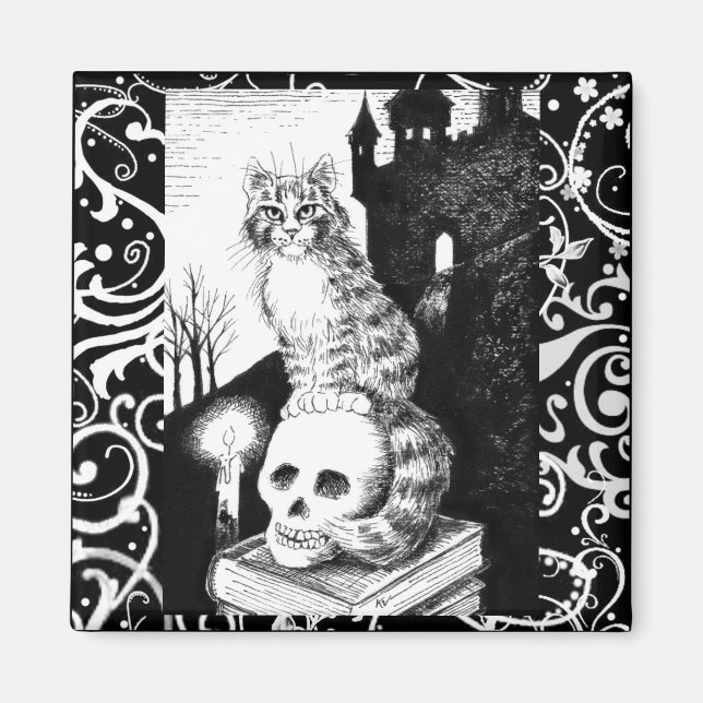 Black & White Cat Halloween kitten skull magnet (Front)