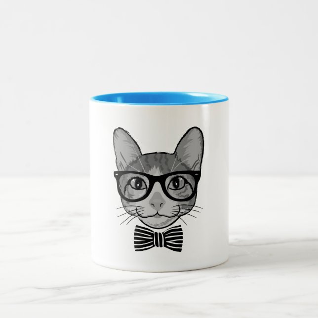 Black White Cat Hipster with Bow Tie Two-Tone Coffee Mug (Center)