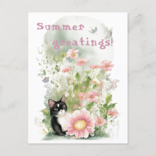 Black White Cat in Floral Garden Postcard