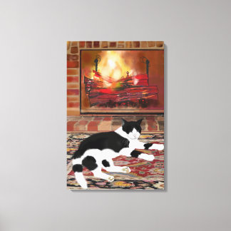 Black White Cat Lying front of Fireplace  Canvas Print