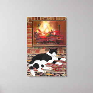 Black White Cat Lying front of Fireplace  Canvas Print