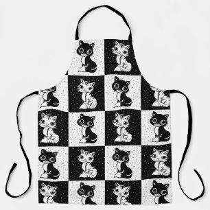 Black White Cat Monogram Block Print Apron
