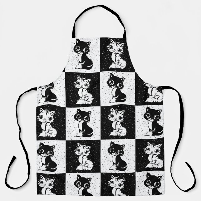 Black White  Cat Monogram Block Print Apron (Front)