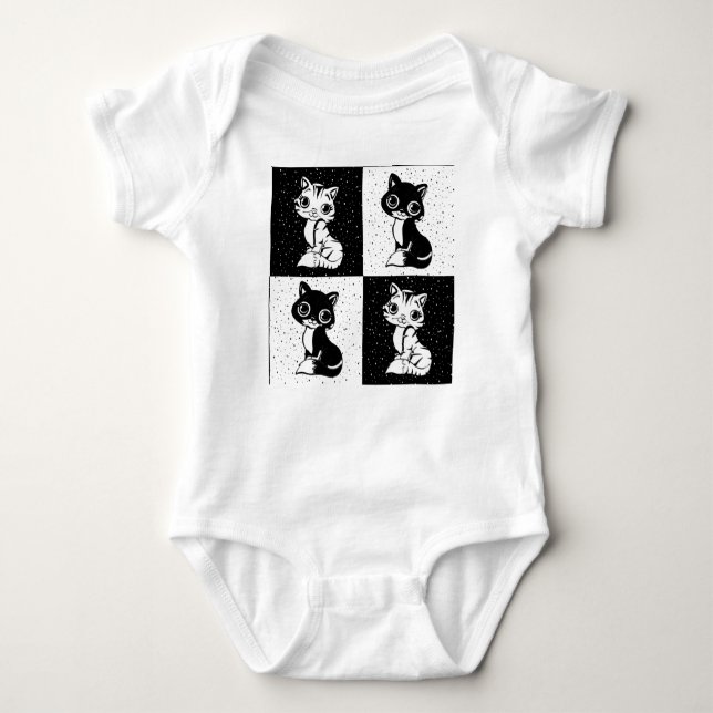Black White  Cat Monogram Block Print Baby Bodysuit (Front)