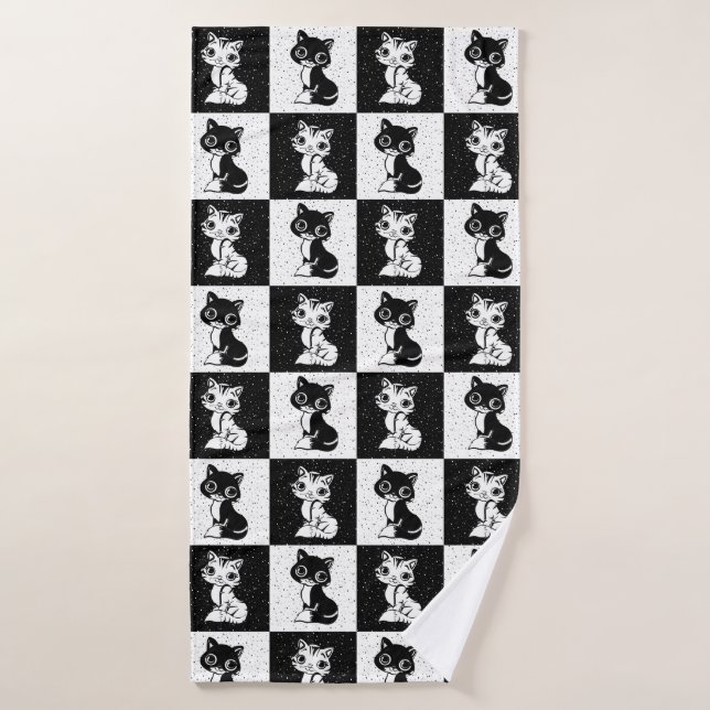 Black White  Cat Monogram Block Print Bath Towel (Bath Towel)