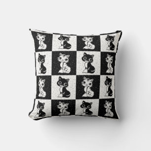 Black White  Cat Monogram Block Print Cushion