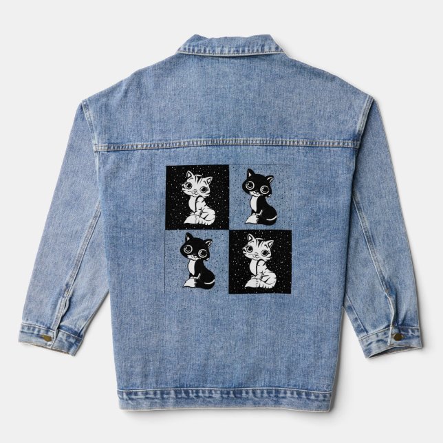 Black White  Cat Monogram Block Print Denim Jacket (Back)