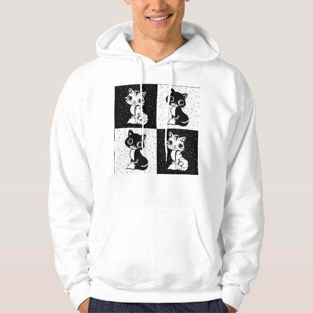 Black White  Cat Monogram Block Print Hoodie (Front)