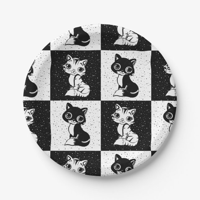 Black White  Cat Monogram Block Print Paper Plate (Front)