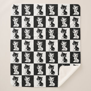 Black White Cat Monogram Block Print Sherpa Blanket