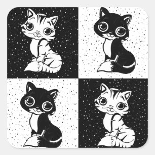 Black White  Cat Monogram Block Print Square Sticker