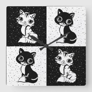 Black White  Cat Monogram Block Print Square Wall Clock
