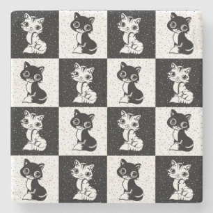 Black White Cat Monogram Block Print Stone Coaster