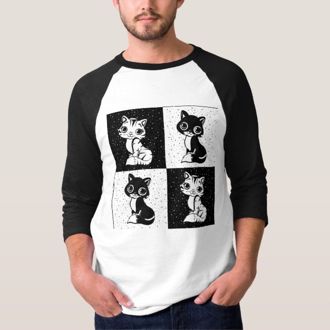 Black White  Cat Monogram Block Print T-Shirt (Front)