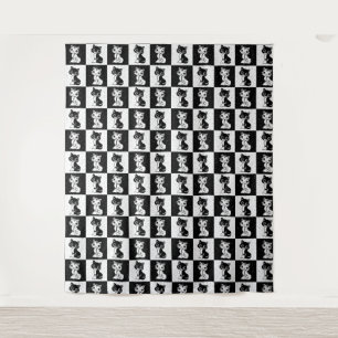 Black White  Cat Monogram Block Print Tapestry
