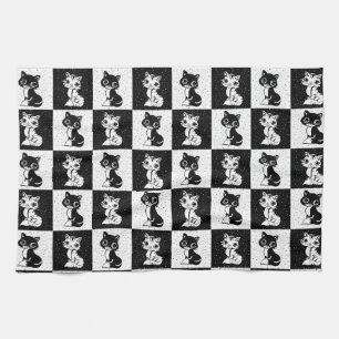 Black White Cat Monogram Block Print Tea Towel
