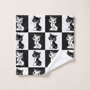 Black White  Cat Monogram Block Print Wash Cloth