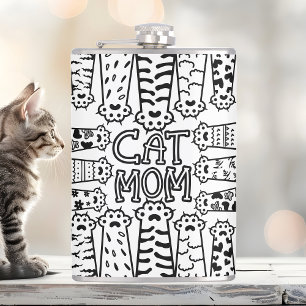 Black & White Cat Mum Paw Print Design Hip Flask