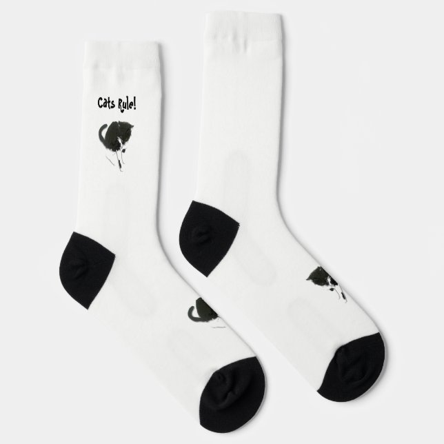 Black White Cat Pet Art, Personalised Socks (Right)