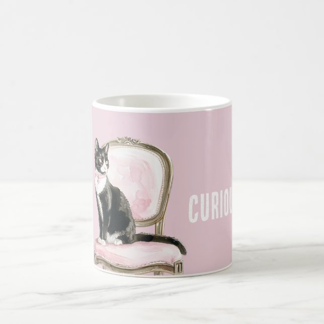 Black White Cat Pink Chair Coffee Mug (Center)