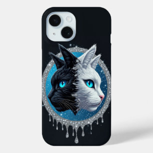 Black White Cat Split Face ✨ Blue Eyes Striking  iPhone 15 Case
