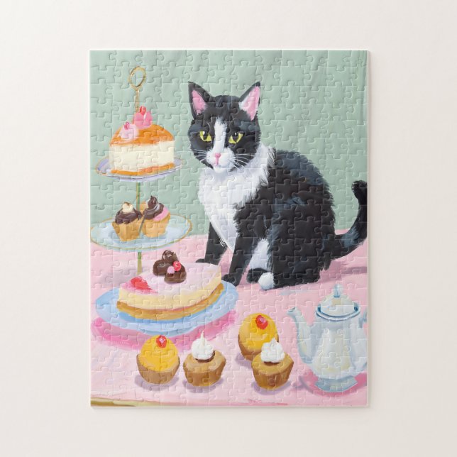 Black & White Cat, Tea and Pastries Jigsaw Puzzle (Vertical)