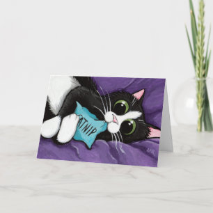 Black & White Cat with Catnip Pillow - Cat Art Card