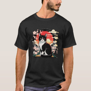 Black White cat with Cherry Blossoms and Sunset T-Shirt