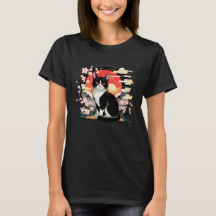 Black White cat with Cherry Blossoms and Sunset T-Shirt