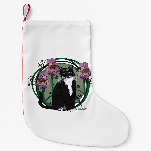 Black & White Cat with Irises Small Christmas Stocking (Front)