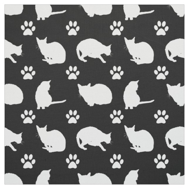 Black White Cats and Paws Print Fabric (Swatch)