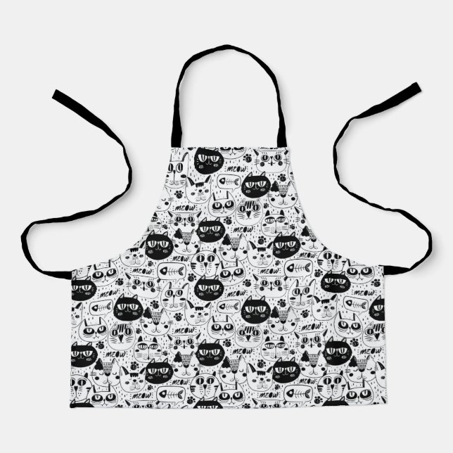 Black white cats faces pattern apron (Front)