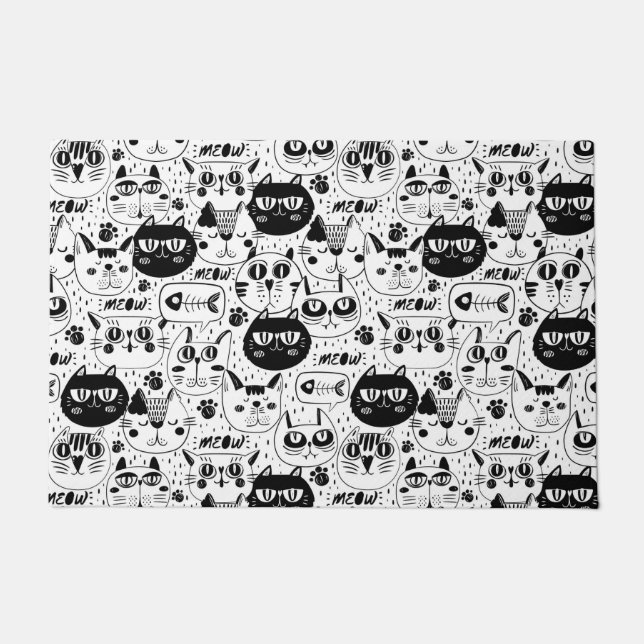 Black white cats faces pattern doormat (Front)