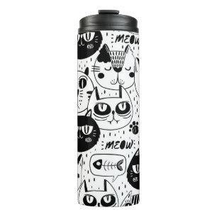 Black white cats faces pattern thermal tumbler