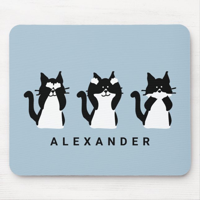 Black White Cats | Three Wise Kitties Light Blue Mouse Pad (Front)
