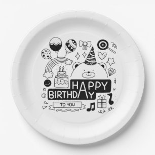 Black & White Celebration Happy Birthday Paper Plate