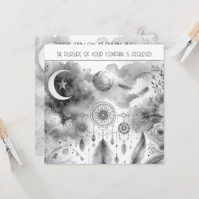 Black White Celestial Moon Dream Catcher Wedding Invitation (Front/Back In Situ)